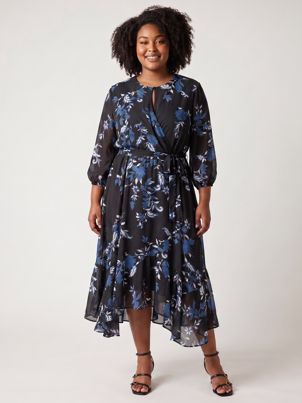 Lane Bryant Black Blue Floral Faux Wrap Dress Size 22 Handkerchief Sheer Sleeve
